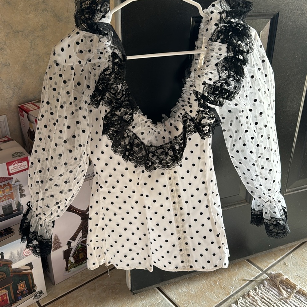 NOS La Mandola M Black White Polka Dot Ruffled Lace Top Zippered Off Shoulder